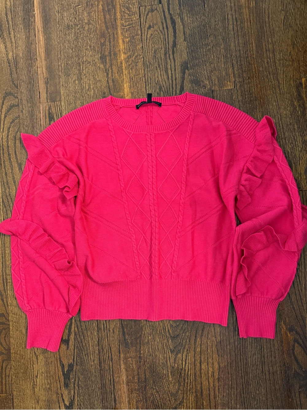White House Black Market Hot Pink Ruffle Cable Knit Crew Sweater XL